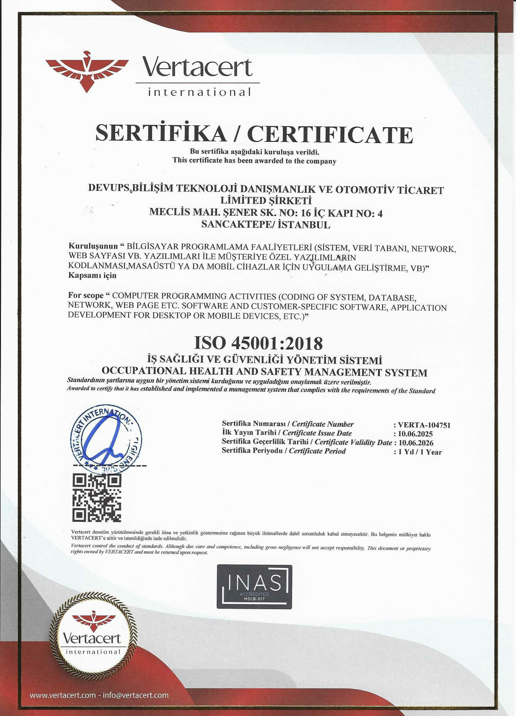 ISO 45001:2018 - İş Sağlığı ve Güvenliği Yönetim Sistemi Sertifikası