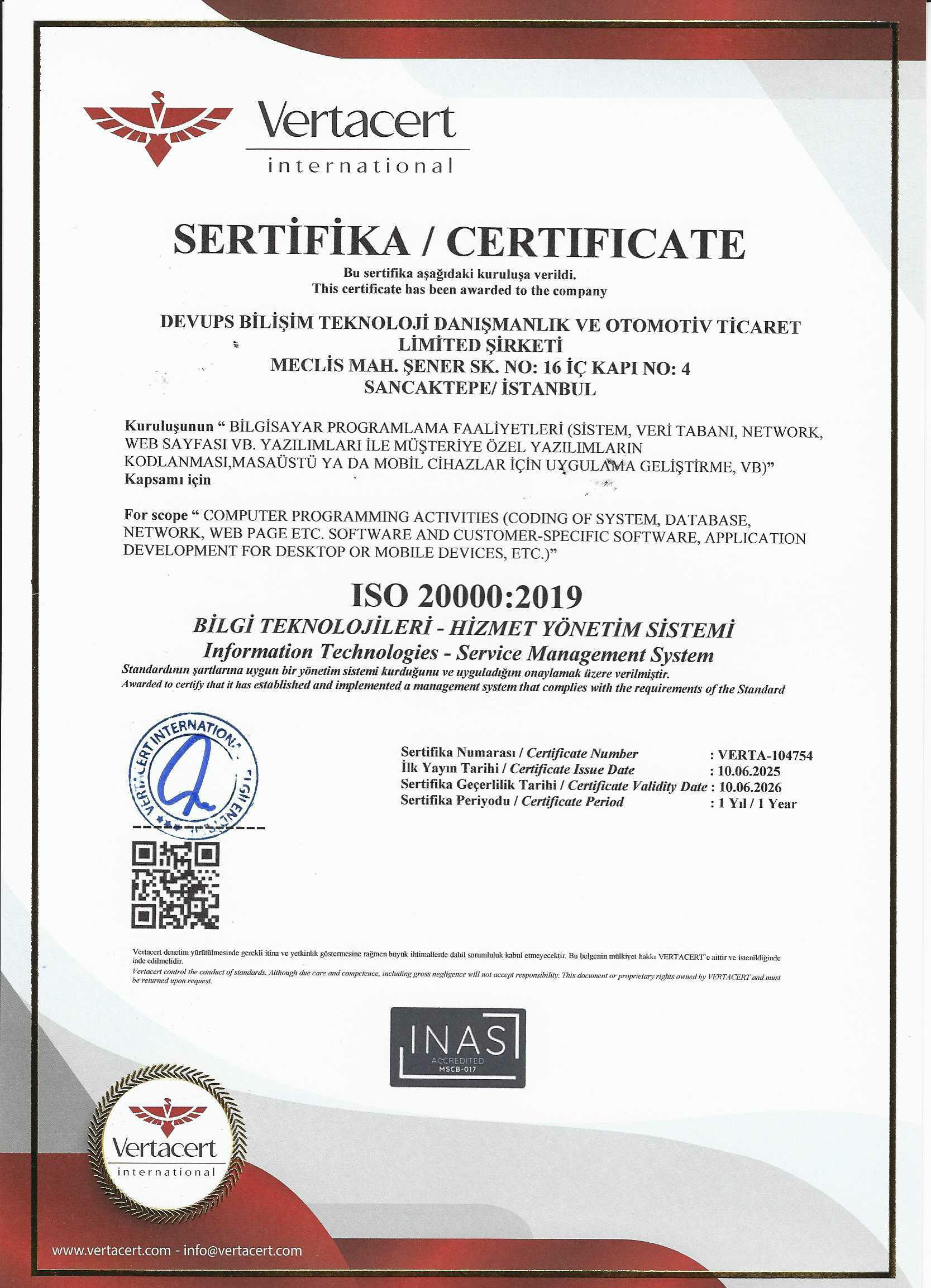 ISO 20000:2019 - Bilgi Teknolojileri Hizmet Yönetim Sistemi Sertifikası